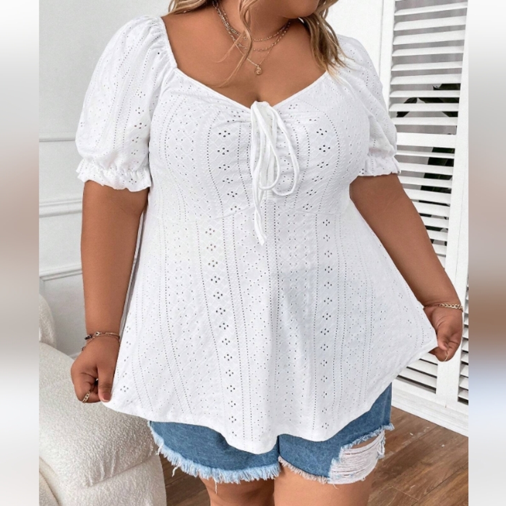 SHEIN White Eyelet Tie-Front Peasant Blouse